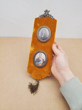 Vintage Miniature Vintage Portrait Paintings in a Velvet Frame - vintage glass